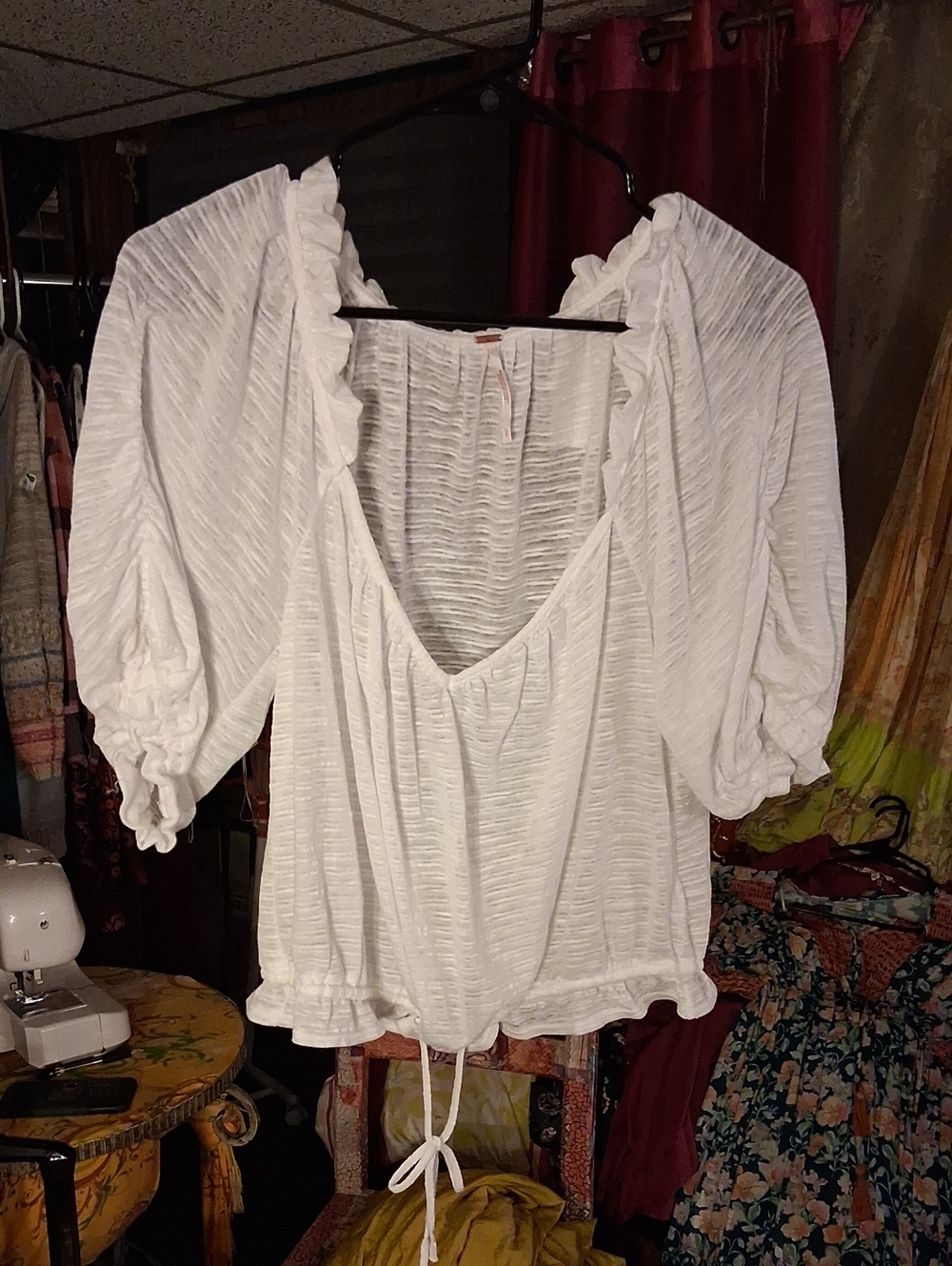 Free People White Textured Peasant Top with Puff Sleeves